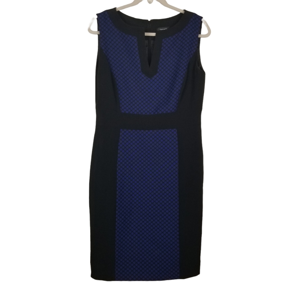 Tahari Arthur S. Levine Black Blue Polka Dot Knee Length Sheath Dress Size 10